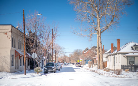 Snow covered alley and resident area at the Denver Downtown City in the   winter season and winter snow storm.の写真素材