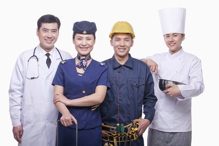 Portrait of Doctor, Air Stewardess, Construction Worker, and Chef- Studio Shotの写真素材