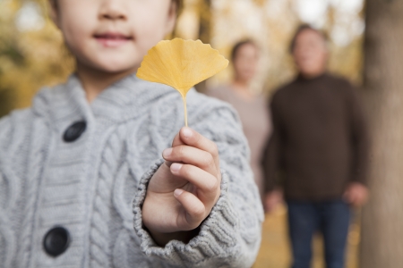 Grandparents and granddaughter in parkの写真素材