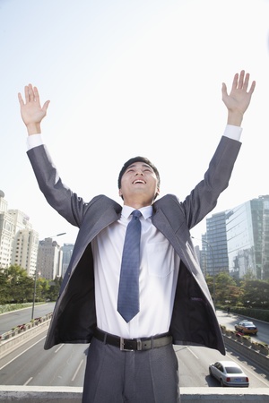 Young Businessman with Arms Raisedの写真素材