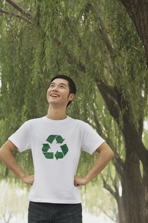 Young Man Smiling, Recycling Symbol, Beijingの写真素材