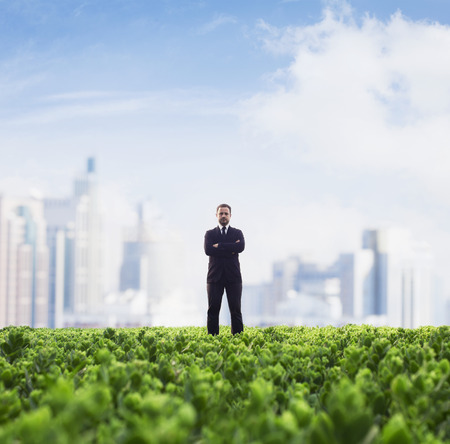 Front view of businessman with arms crossed standing in a green field with city skyline in the backgroundの写真素材