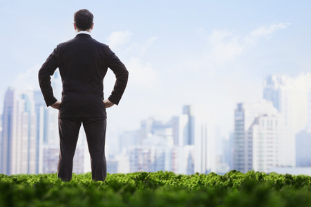Rear view of businessman with hands on hips standing in a green field and looking at the city skyline の写真素材