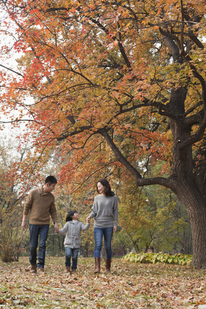 Family walking through the park in the autumnの写真素材