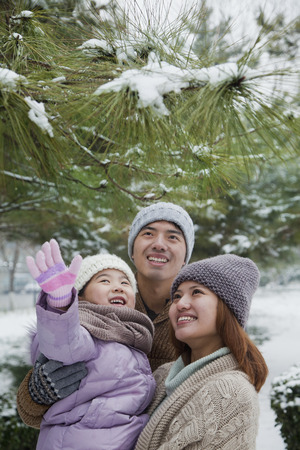 Family exploring in park in winterの写真素材