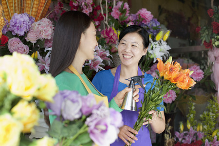 Two Mature Women Working In Flower Shopの写真素材