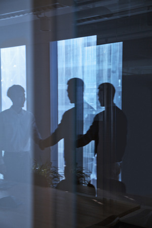 Reflection of two businessmen shaking hands