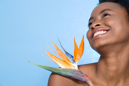 Woman holding bird of paradise flowerの写真素材