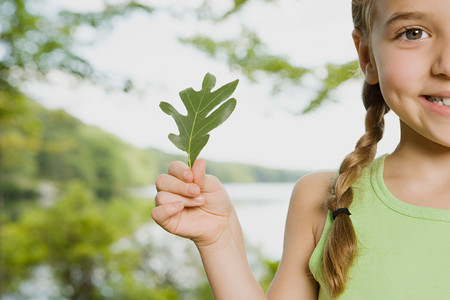Girl holding a leafの写真素材