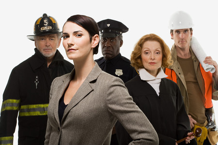 Firefighter police officer judge construction worker and businesswomanの写真素材