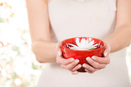 Hands holding bowl and flower in studioの写真素材
