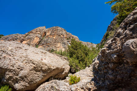 Gorge of Collegats in the Pyrenees. In the middle of spring. On a sunny day with no clouds in the sky and a completely blue sky.の写真素材