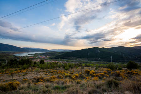 Sunset over the mountains next to the town La Pobla de Segur.の写真素材