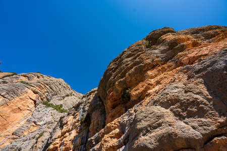 Gorge of Collegats in the Pyrenees. In the middle of spring. On a sunny day with no clouds in the sky and a completely blue sky.の写真素材