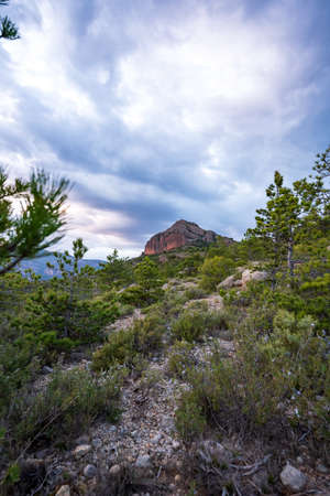 Sunset over the mountains next to the town La Pobla de Segur.の写真素材