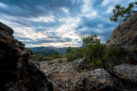 Sunset over the mountains next to the town La Pobla de Segur.の写真素材