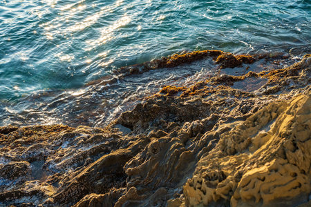 Cap de Creus Alt Emporda, Spain. February 2023 Rugged rocky coastline with turquoise waters in contrast. Sharp rocks extend out to the sea, creating a dramatic and wild texture.の写真素材