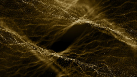 Golden particles wave on black background. Abstract particles background. 3d renderingの写真素材