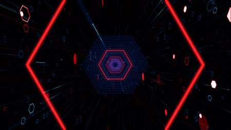 Futuristic technology background with hexagons and glowing lines. 3d rendering