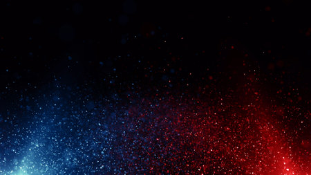 abstract red and blue glitter bokeh lights on black backgroundの写真素材