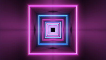 3d illustration of abstract geometric background with glowing neon squares in tunnelの写真素材
