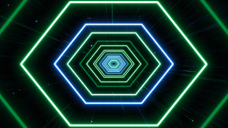 Neon hexagon in the space, 3d rendering. Computer digital drawing.の写真素材