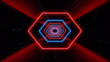 Neon hexagon on black background. 3D rendering illustration.の写真素材