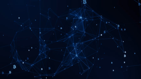 Blockchain technology concept with binary code and network connection. 3d illustration