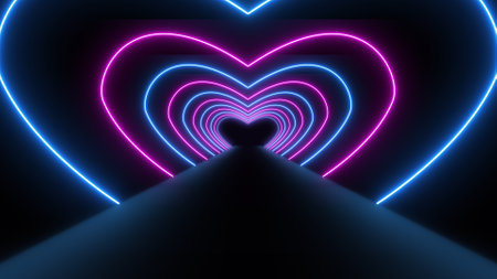 3D abstract background with neon lights and heart. 3d illustrationの写真素材