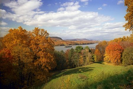 Freighter on the Hudson River Upstate NY in the Fall