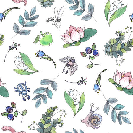 seamless pattern with moth, mosquito, snail, worm, beetle, water lily, fern, bell, blueberry and plantsの写真素材