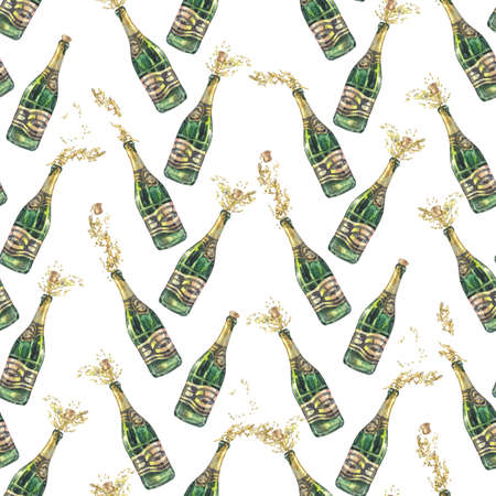 Watercolor green champagne bottle with cork flyingの写真素材