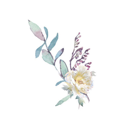 Watercolor clip art with bouquets of peonies and herbs.の写真素材