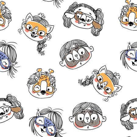 Hand-Drawn Lineart pattern. Girls and boys in funny animal masks.の写真素材