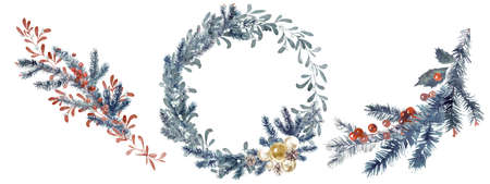 Merry Christmas and New Year watercolor hand painted setの写真素材