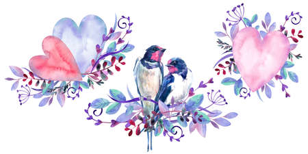 Bouquets of pink hearts and plants, swallow. Watercolor hand painted illustrationの写真素材