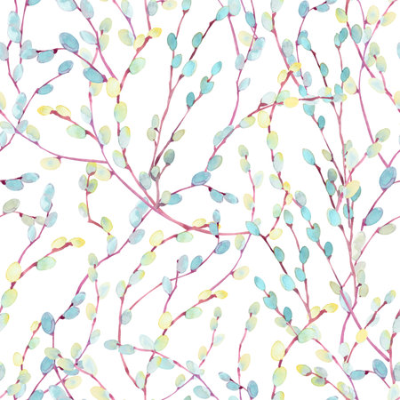 Watercolor seamless pattern with Easter blooming willow branches.の写真素材