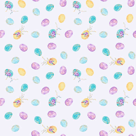Digital paper on pastel background. Watercolor seamless pattern with Easter colorful eggs.の写真素材