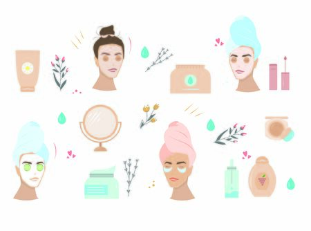 vector pattern with care products and a girl caring for herselfのイラスト素材