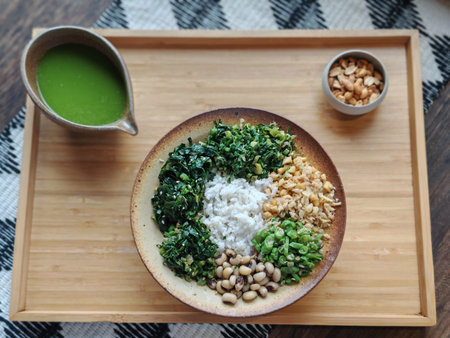 Top view flat lay of a vibrant, healthy, and traditional Hakka dish known as Thunder Tea Rice (Lui...