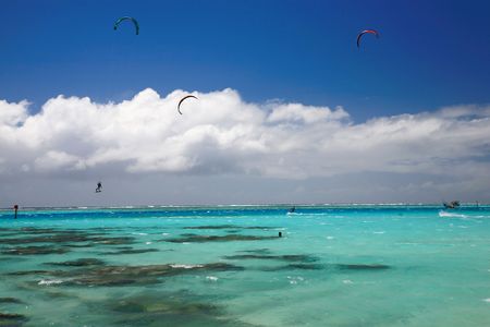 group of kitesurfs on a turquoise lagoonの写真素材
