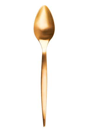 Flat lay of golden spoon isolated on white background. Top view, high resolution image.の写真素材