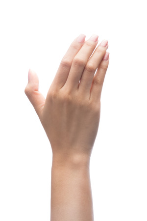 Hand holding virtual mobile phone isolated on white backgroundの写真素材