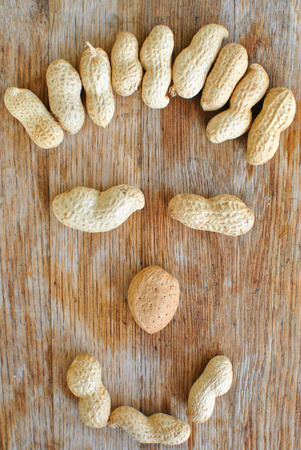 Smiling nuts on woodの写真素材