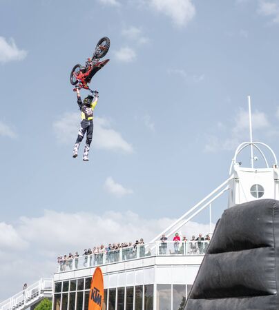 Prague, Czech republic - 16/5/2019 FMX Supermann Backflip trickのeditorial素材