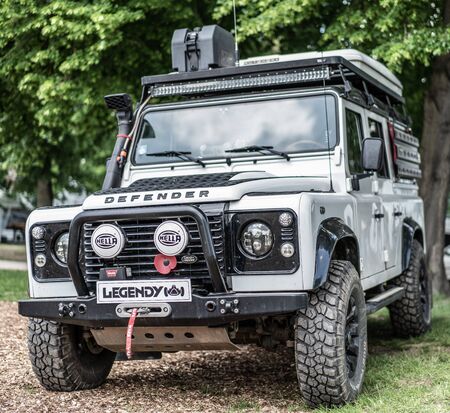 Prague, Czech republic - 16/5/2019 white Land Rover Defenderのeditorial素材
