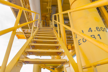 Ladder and hand rail on  offshore wellhead platform, Oil and gas platform in the gulf or the sea, Petroleum exploration and production industryのeditorial素材