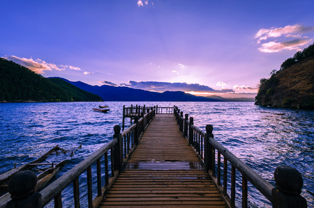 Wooden bridge over the riverの写真素材