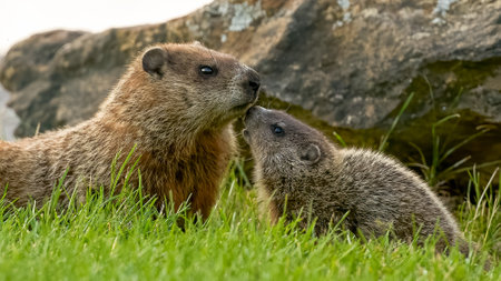 Mother and baby Groundhog Marmot (Varmota marmota) in the grass