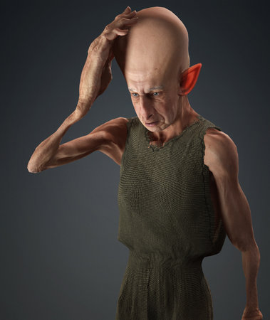 Funny bald man in green dress on grey background. 3d renderの写真素材